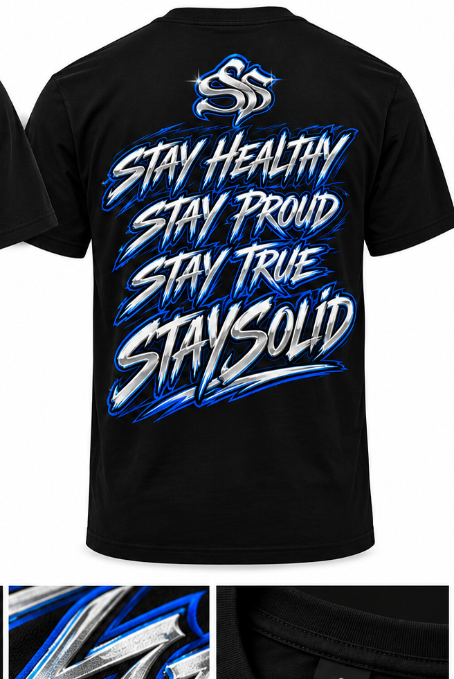 Back of black STAYSOLID graphic tee